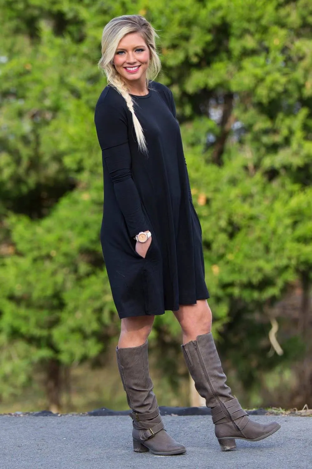 Piko 3/4 Sleeve Swing Dress - Black