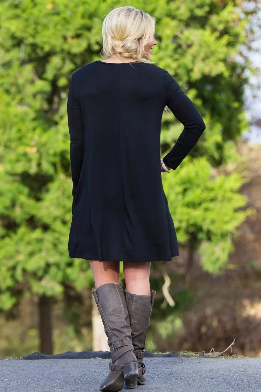 Piko 3/4 Sleeve Swing Dress - Black