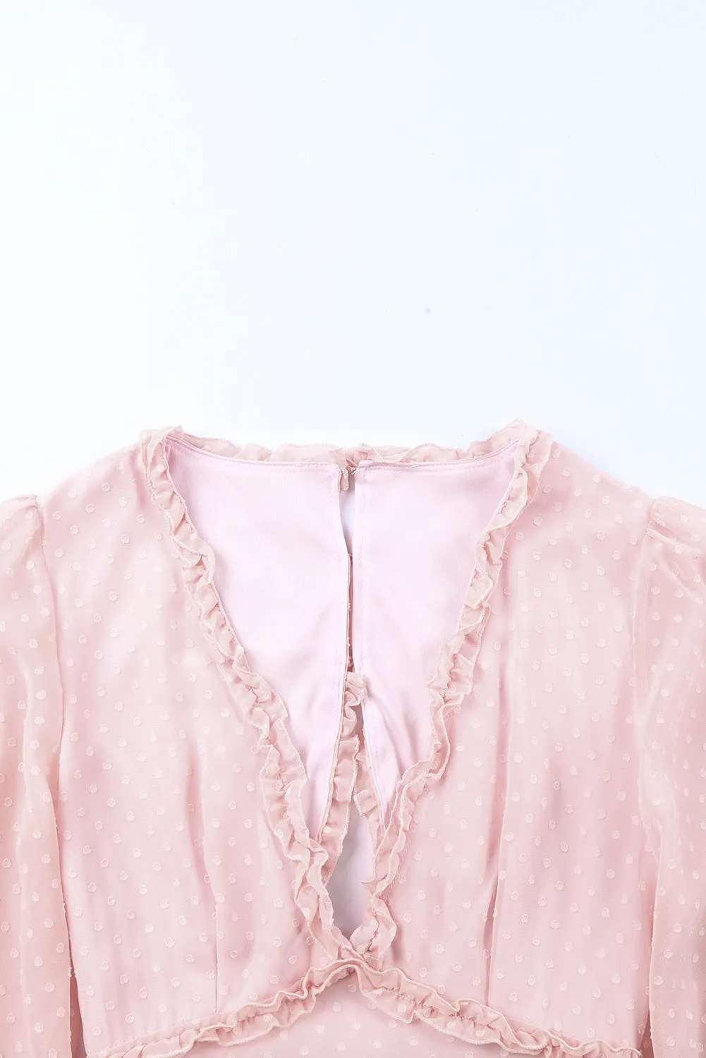 Pink Layered Ruffled Open Back Puff Sleeve Swiss Dot Mini Dress