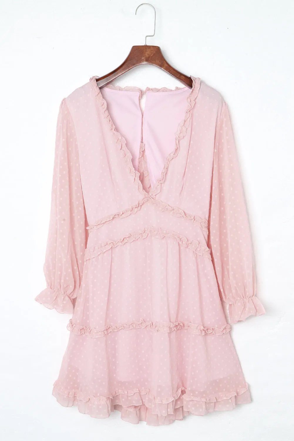 Pink Layered Ruffled Open Back Puff Sleeve Swiss Dot Mini Dress