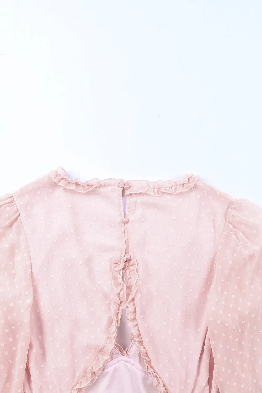 Pink Layered Ruffled Open Back Puff Sleeve Swiss Dot Mini Dress