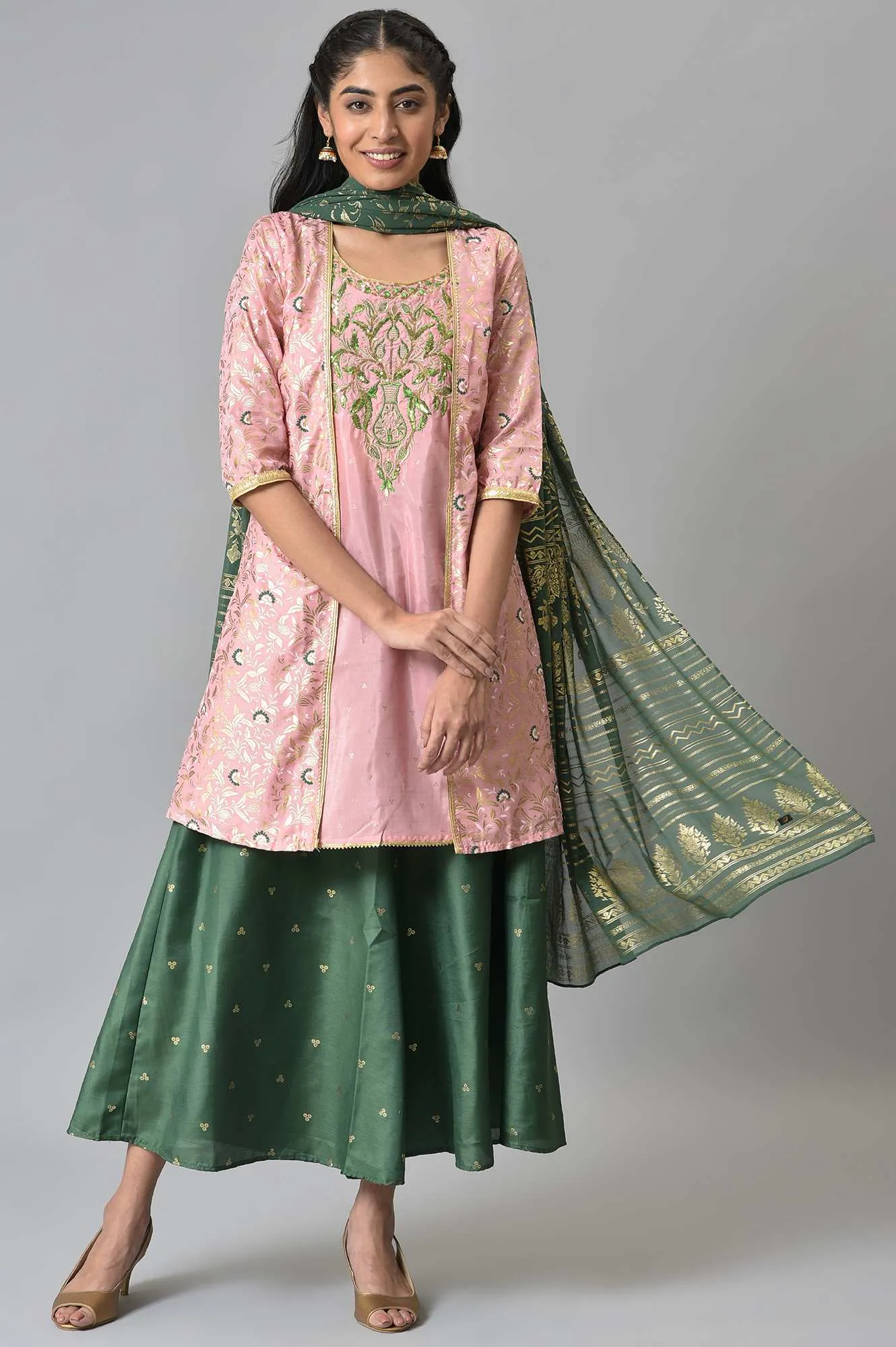 Pink Zari Embroidered Kurta With Green Palazzo And Dupatta