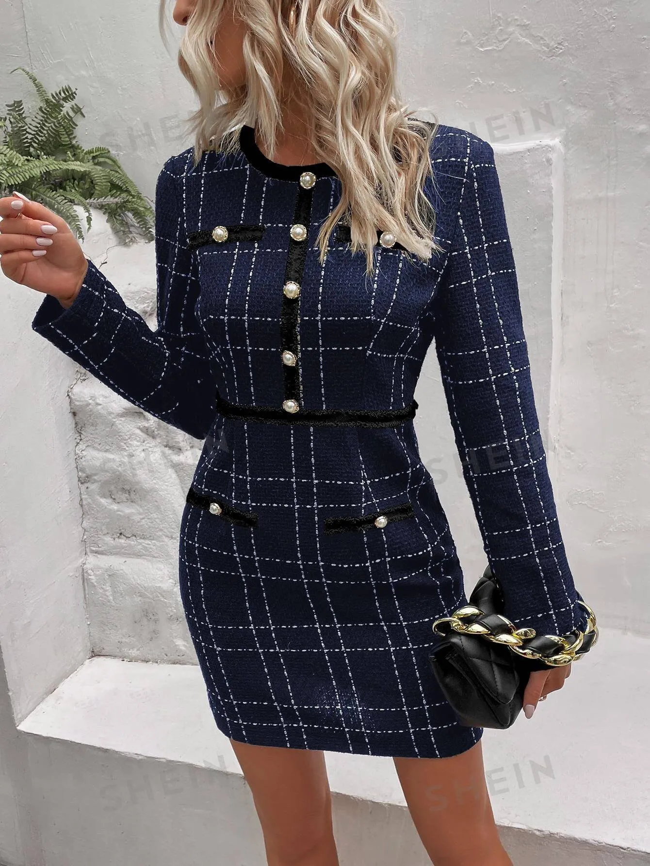 Plaid Print Button Detail Fitted Dress