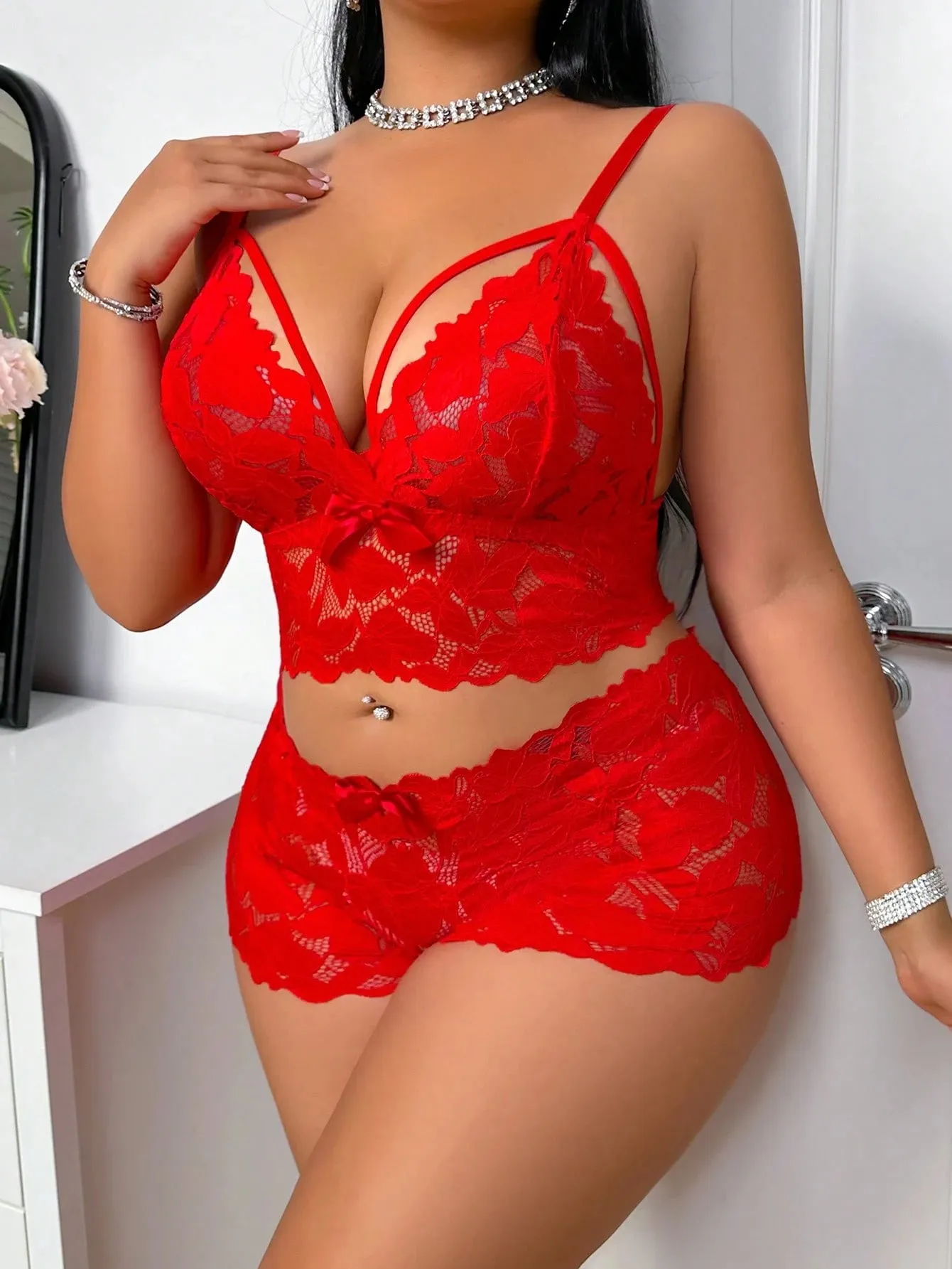 Plus Size Sexy Lace 2Pcs Lingerie Set For Women