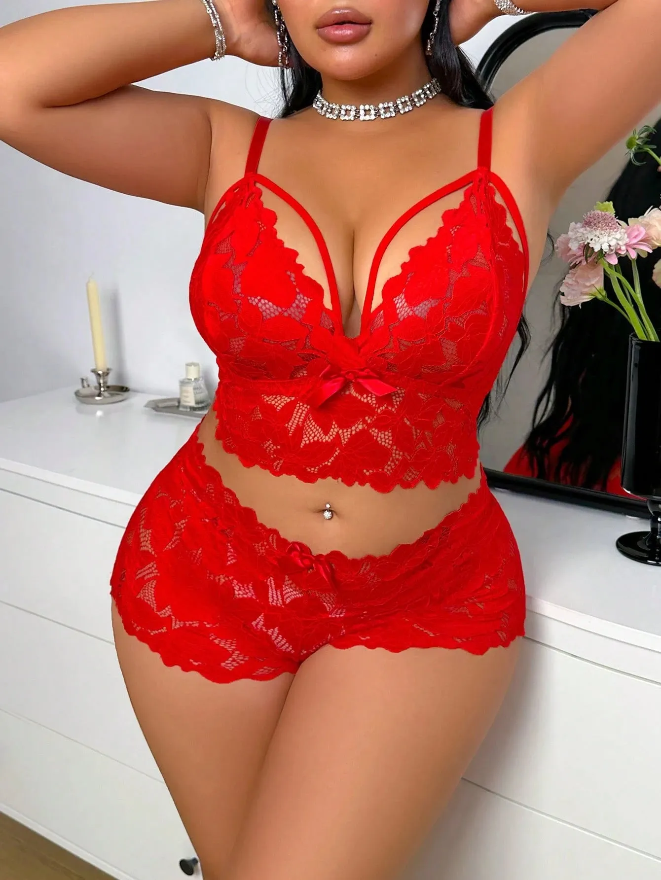 Plus Size Sexy Lace 2Pcs Lingerie Set For Women