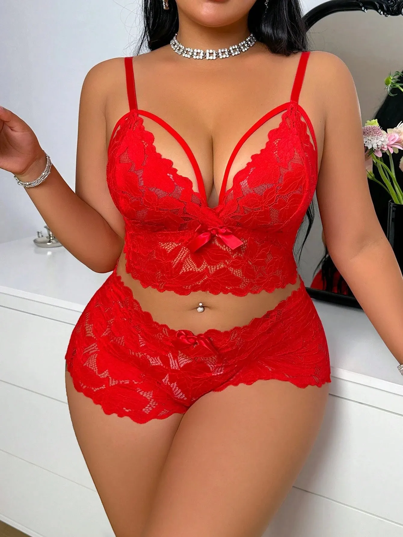Plus Size Sexy Lace 2Pcs Lingerie Set For Women