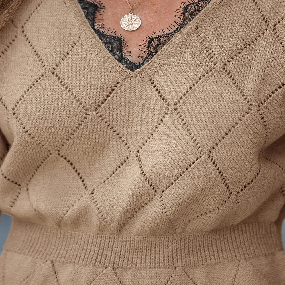 Pointelle Knit Scalloped Lace Sweater Dress