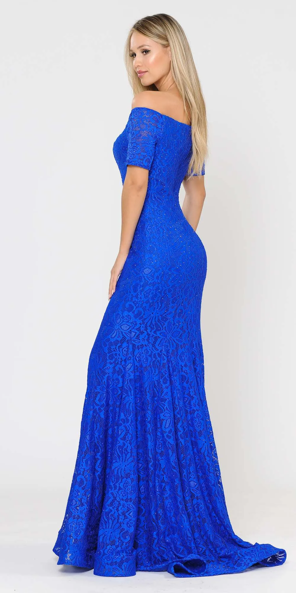 Poly USA 8596 Stretch Lace with Rhinestones Long Fitted Off Shoulder Gown