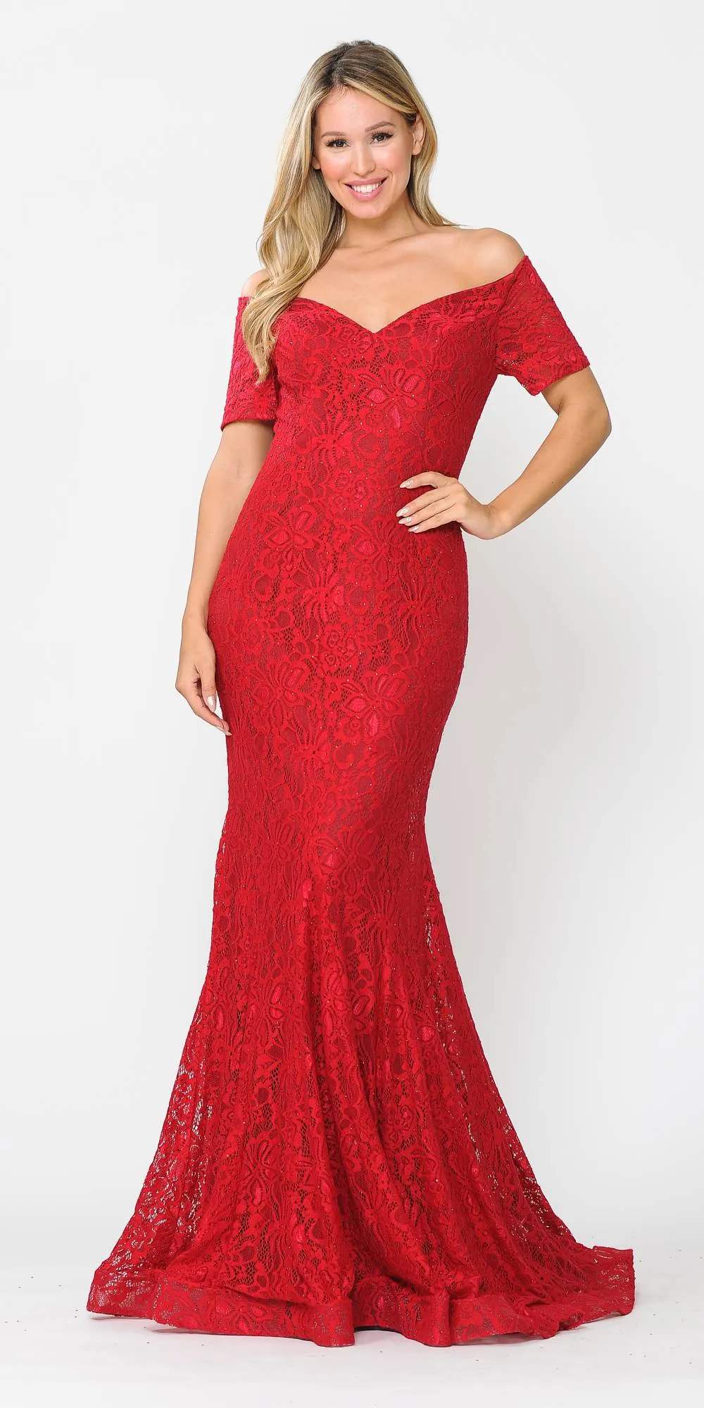 Poly USA 8596 Stretch Lace with Rhinestones Long Fitted Off Shoulder Gown