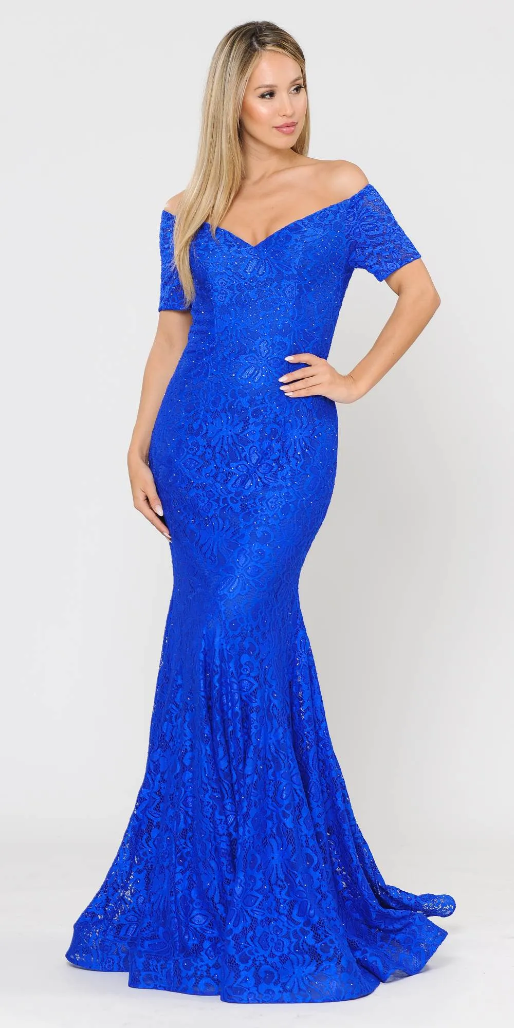Poly USA 8596 Stretch Lace with Rhinestones Long Fitted Off Shoulder Gown