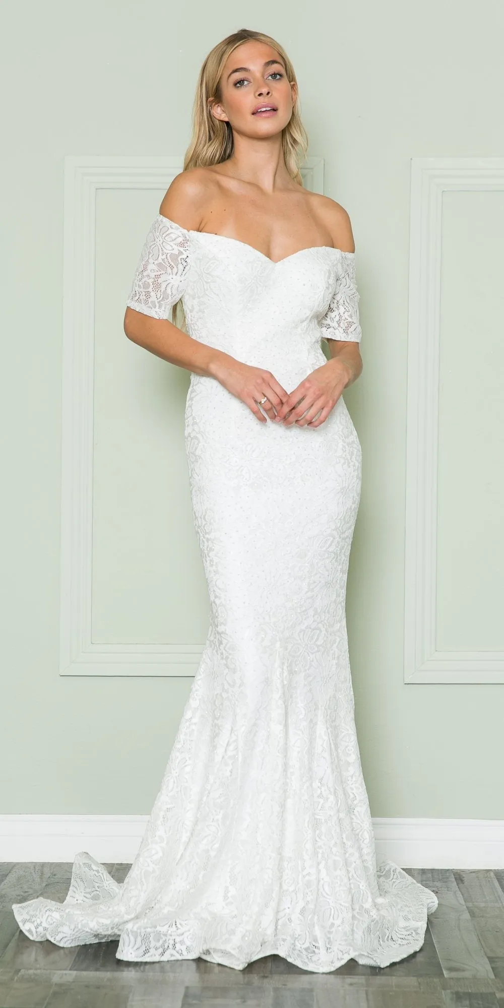 Poly USA 8596 Stretch Lace with Rhinestones Long Fitted Off Shoulder Gown