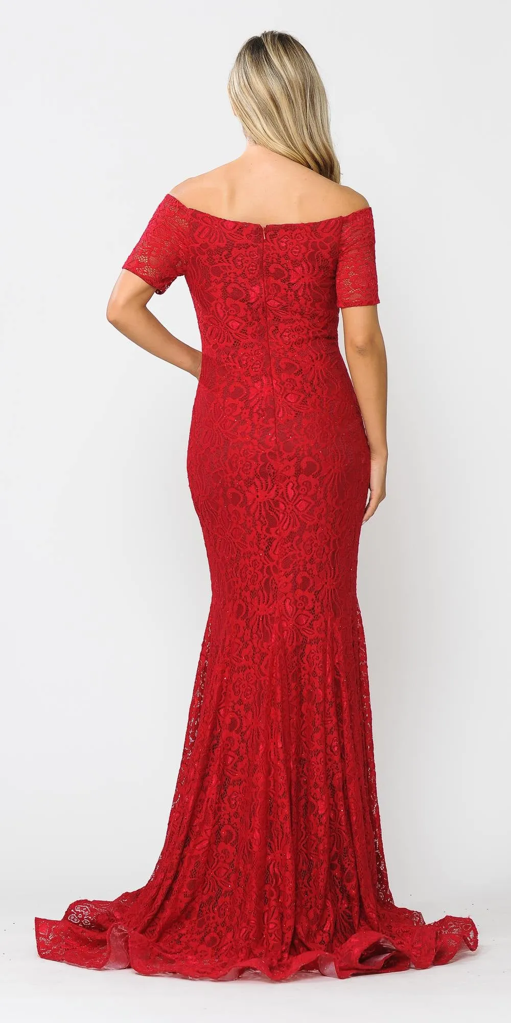 Poly USA 8596 Stretch Lace with Rhinestones Long Fitted Off Shoulder Gown