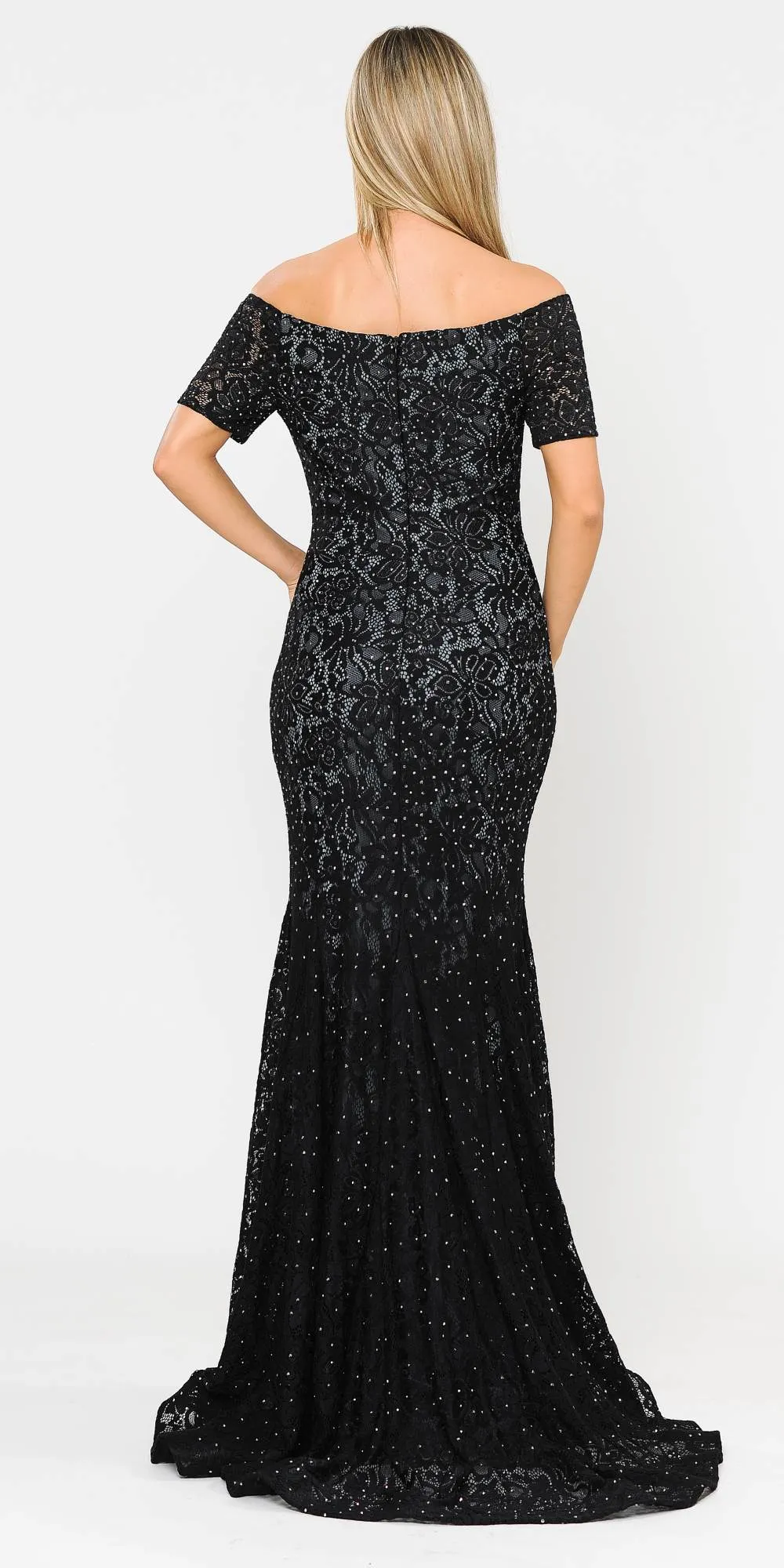 Poly USA 8596 Stretch Lace with Rhinestones Long Fitted Off Shoulder Gown