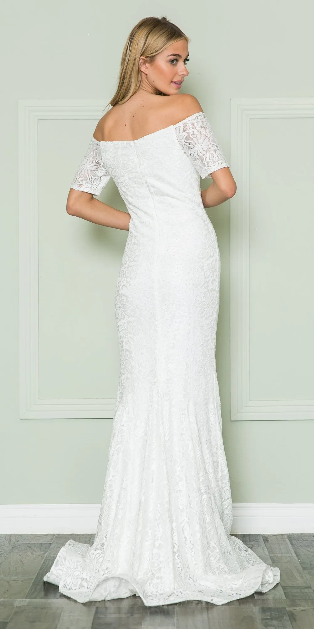 Poly USA 8596 Stretch Lace with Rhinestones Long Fitted Off Shoulder Gown