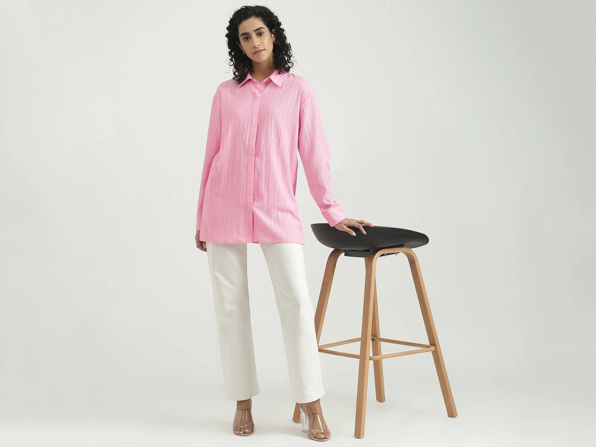 Polyester Solid Spread Collar Women Shirts