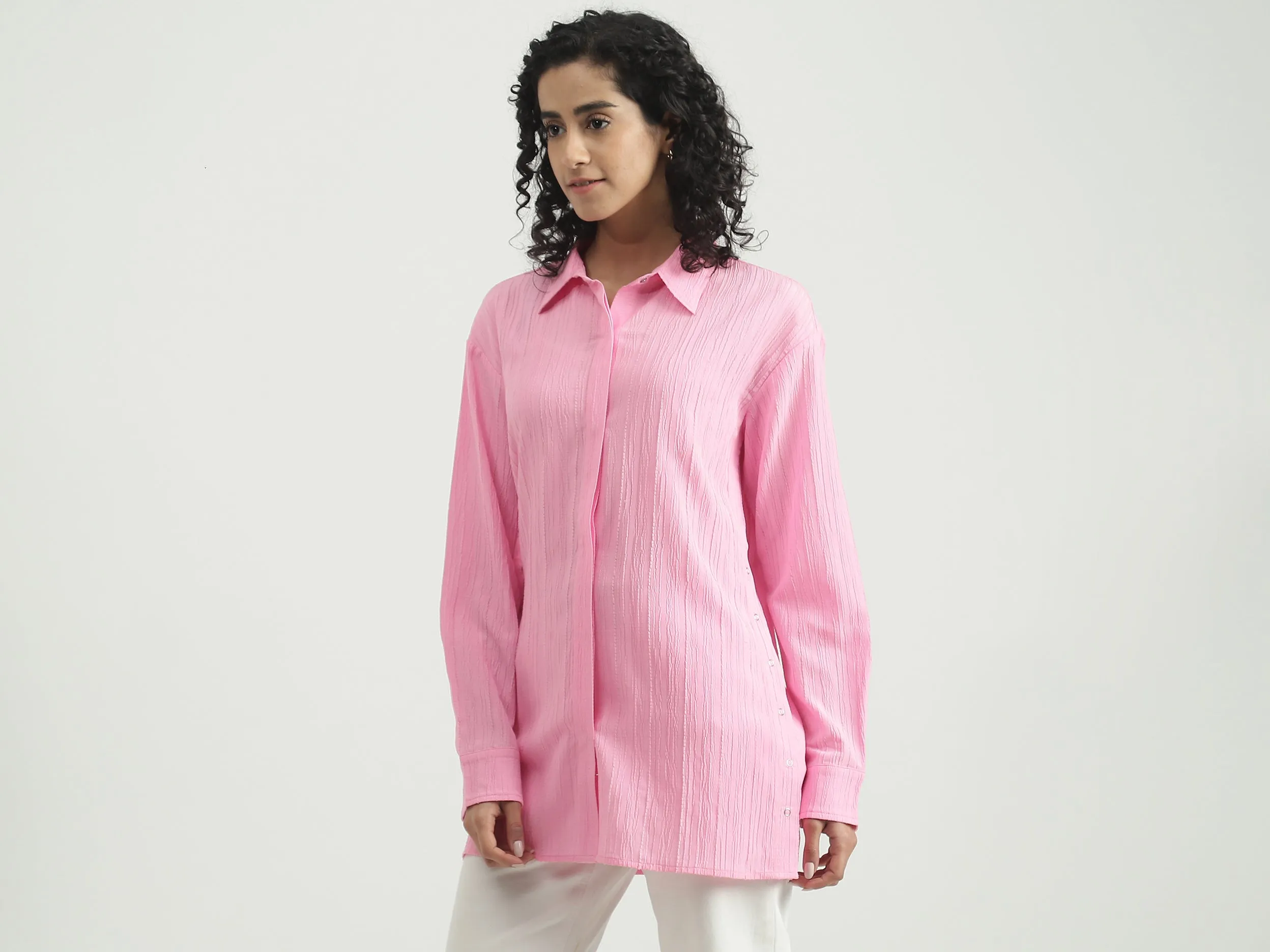 Polyester Solid Spread Collar Women Shirts