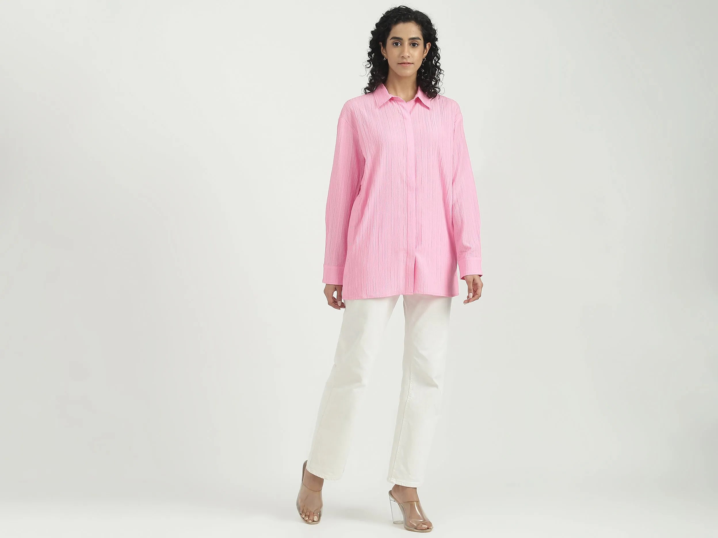 Polyester Solid Spread Collar Women Shirts