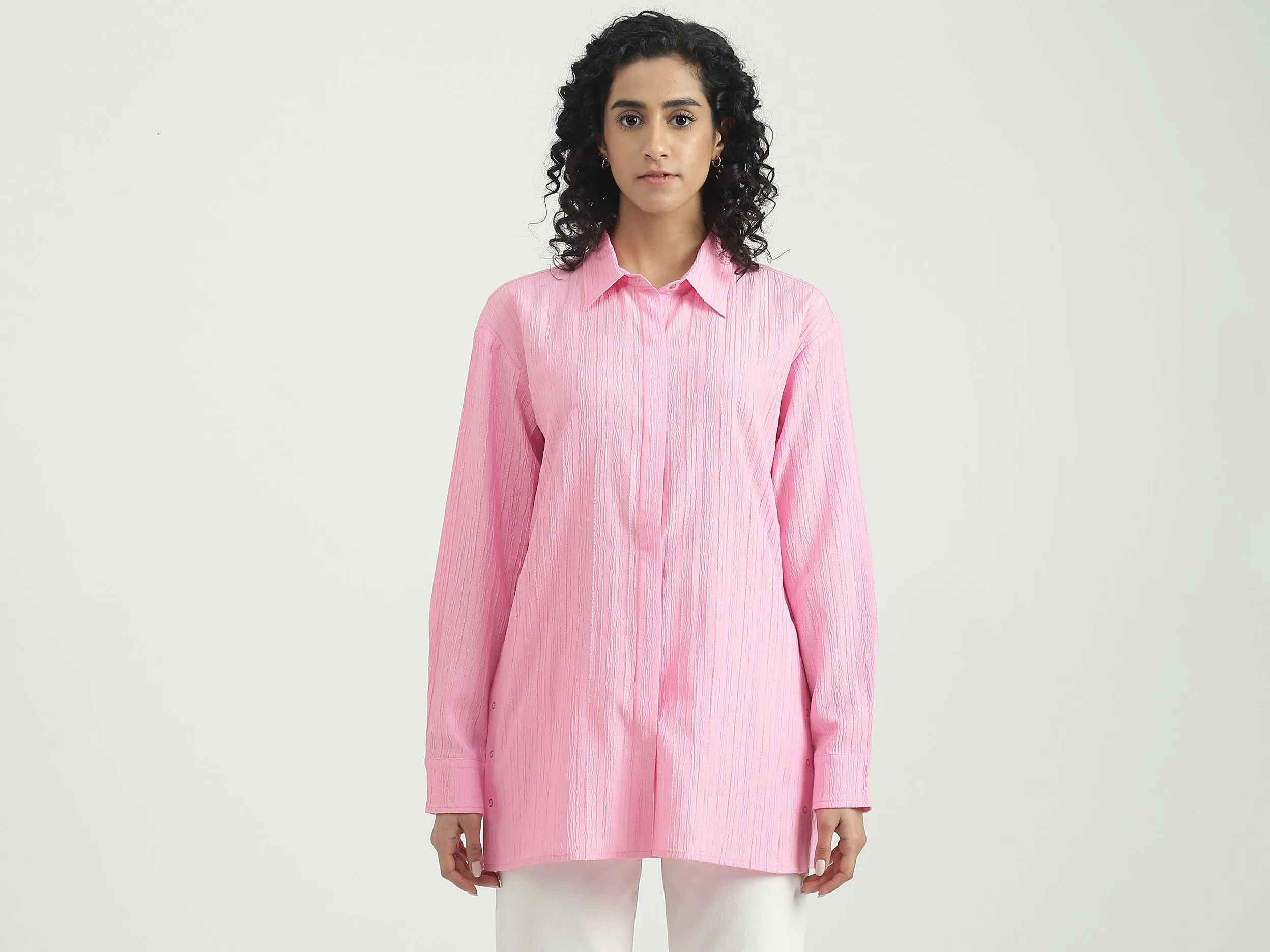 Polyester Solid Spread Collar Women Shirts