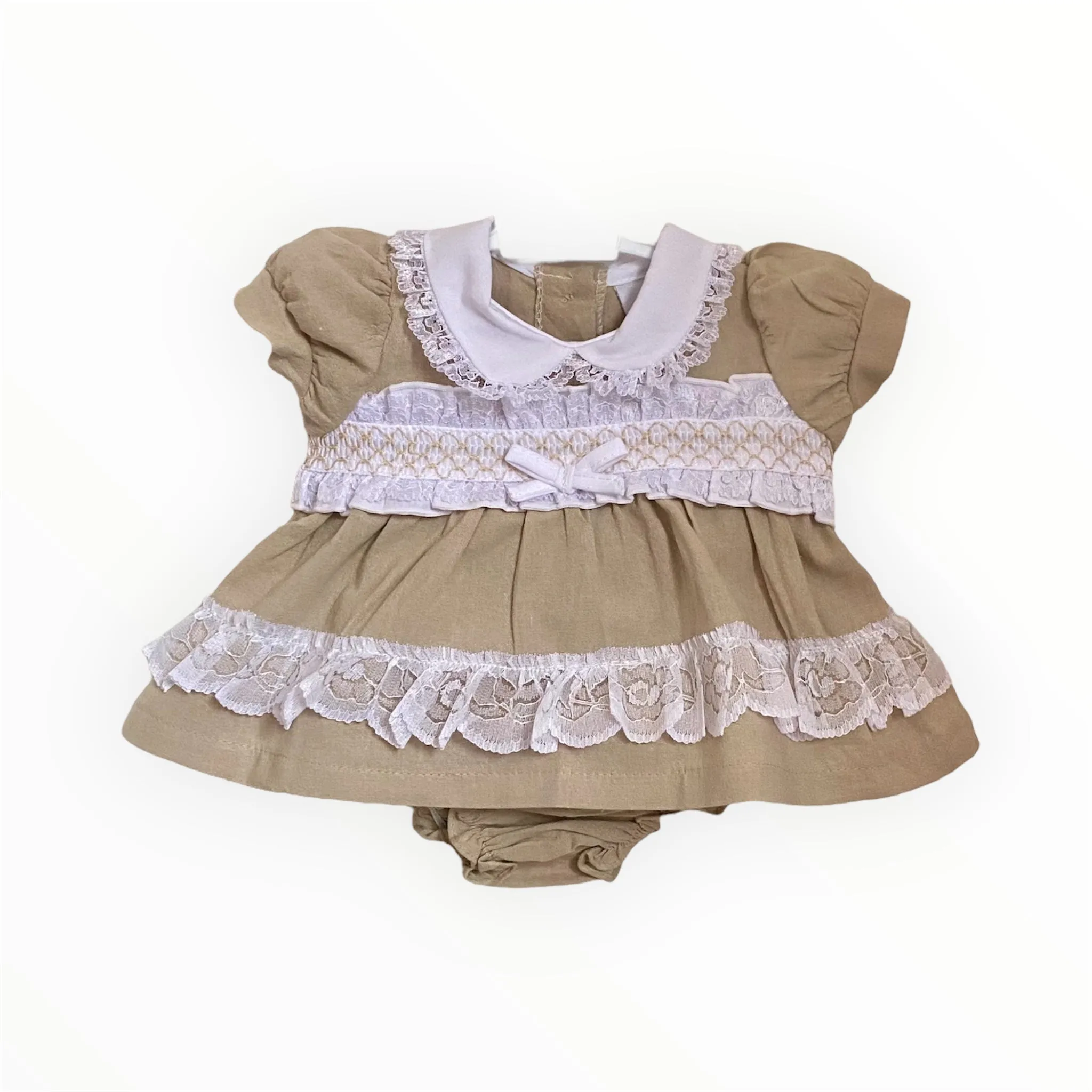 Premature Baby Linen Dress with Lace, Smocking and Bow