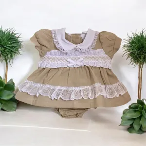Premature Baby Linen Dress with Lace, Smocking and Bow