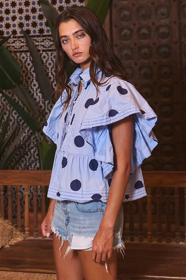 Pretty Woman Ruffle Sleeves Pintuck Detail Polka Dot Print top