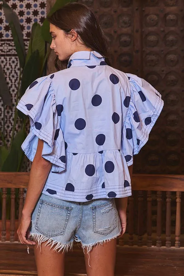 Pretty Woman Ruffle Sleeves Pintuck Detail Polka Dot Print top