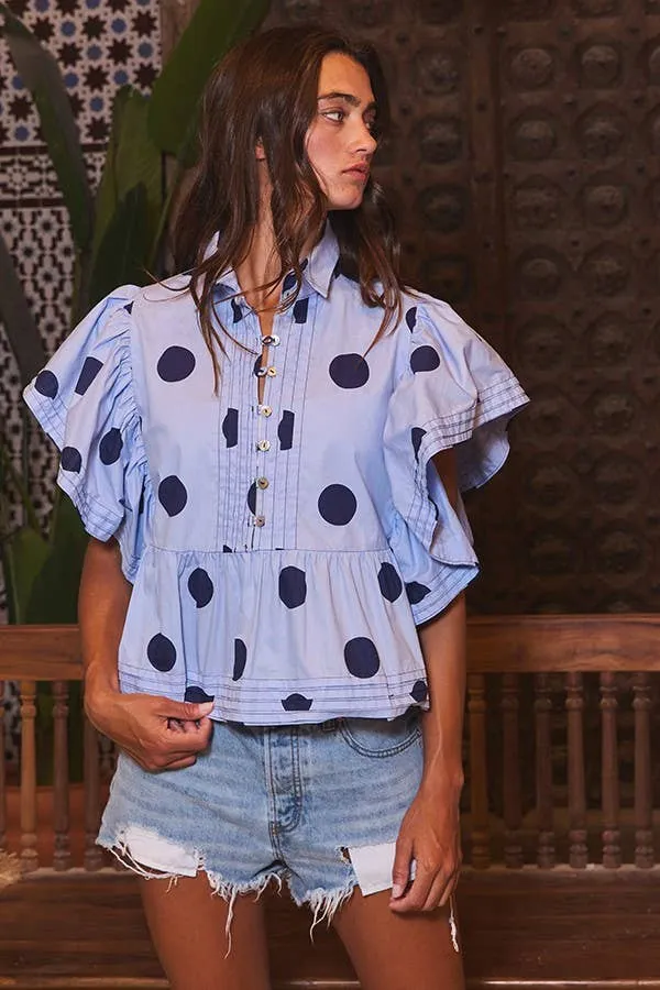 Pretty Woman Ruffle Sleeves Pintuck Detail Polka Dot Print top