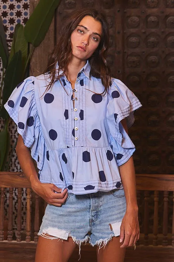 Pretty Woman Ruffle Sleeves Pintuck Detail Polka Dot Print top
