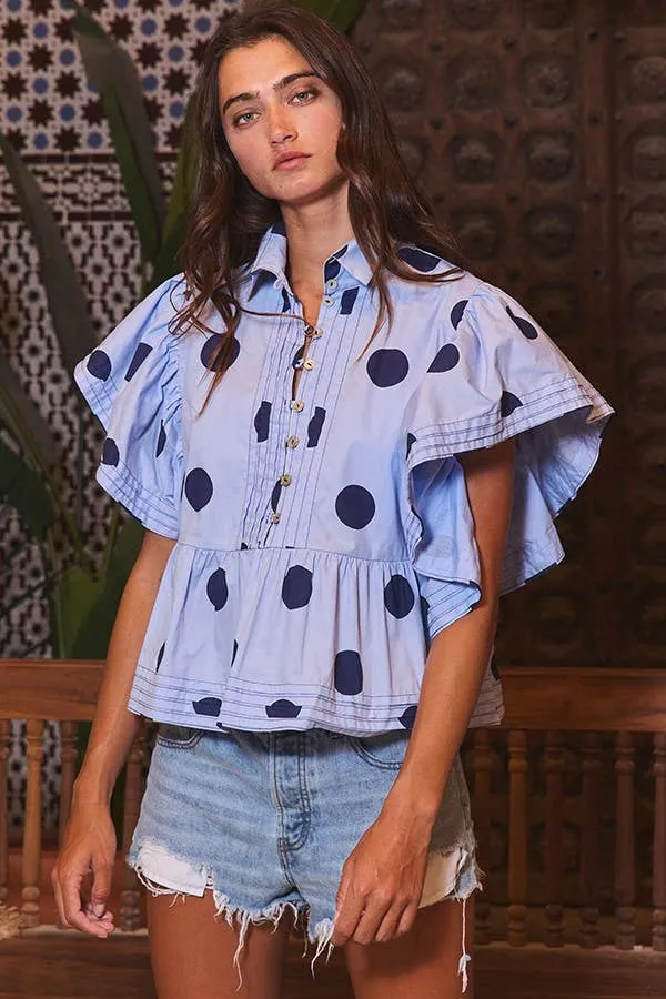 Pretty Woman Ruffle Sleeves Pintuck Detail Polka Dot Print top