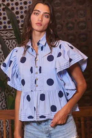 Pretty Woman Ruffle Sleeves Pintuck Detail Polka Dot Print top