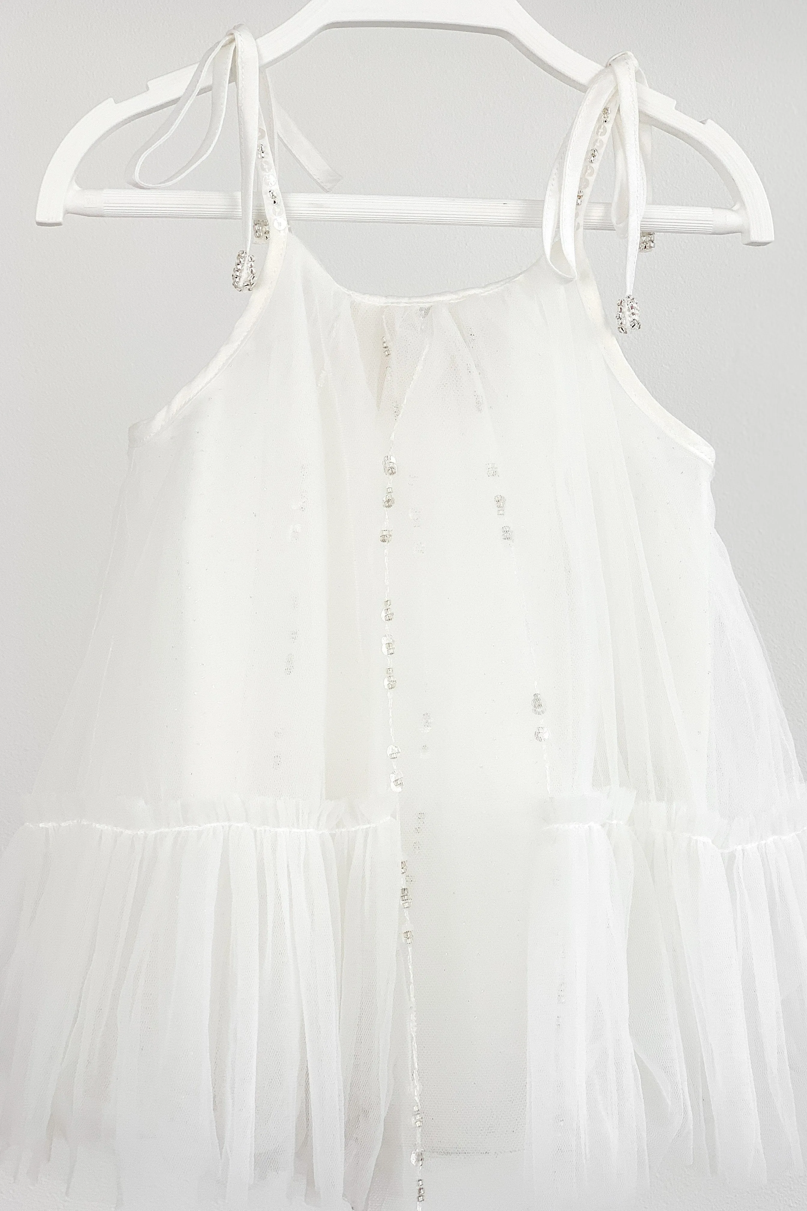 "Cici" White Beaded Tulle Dress