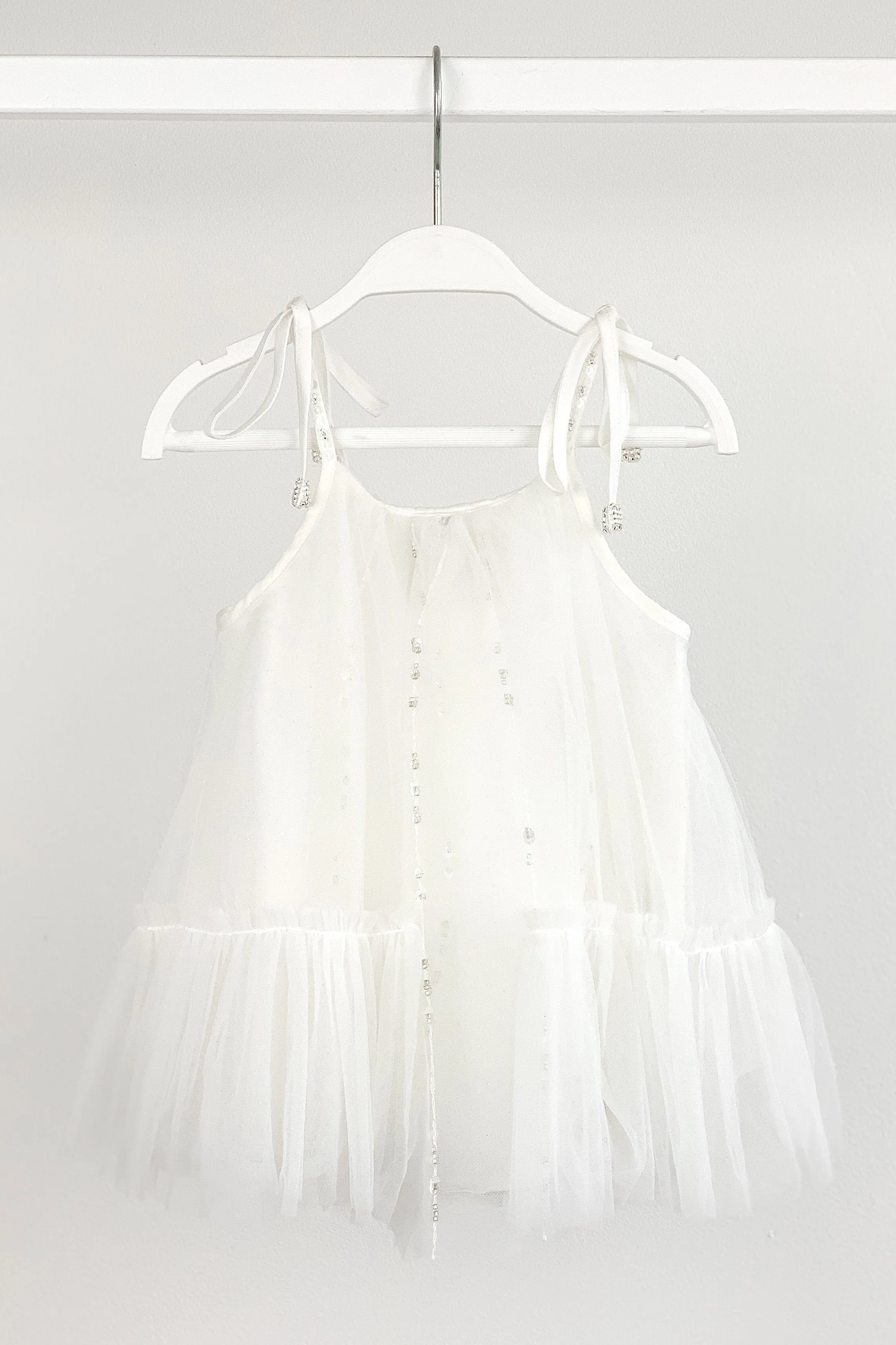 "Cici" White Beaded Tulle Dress