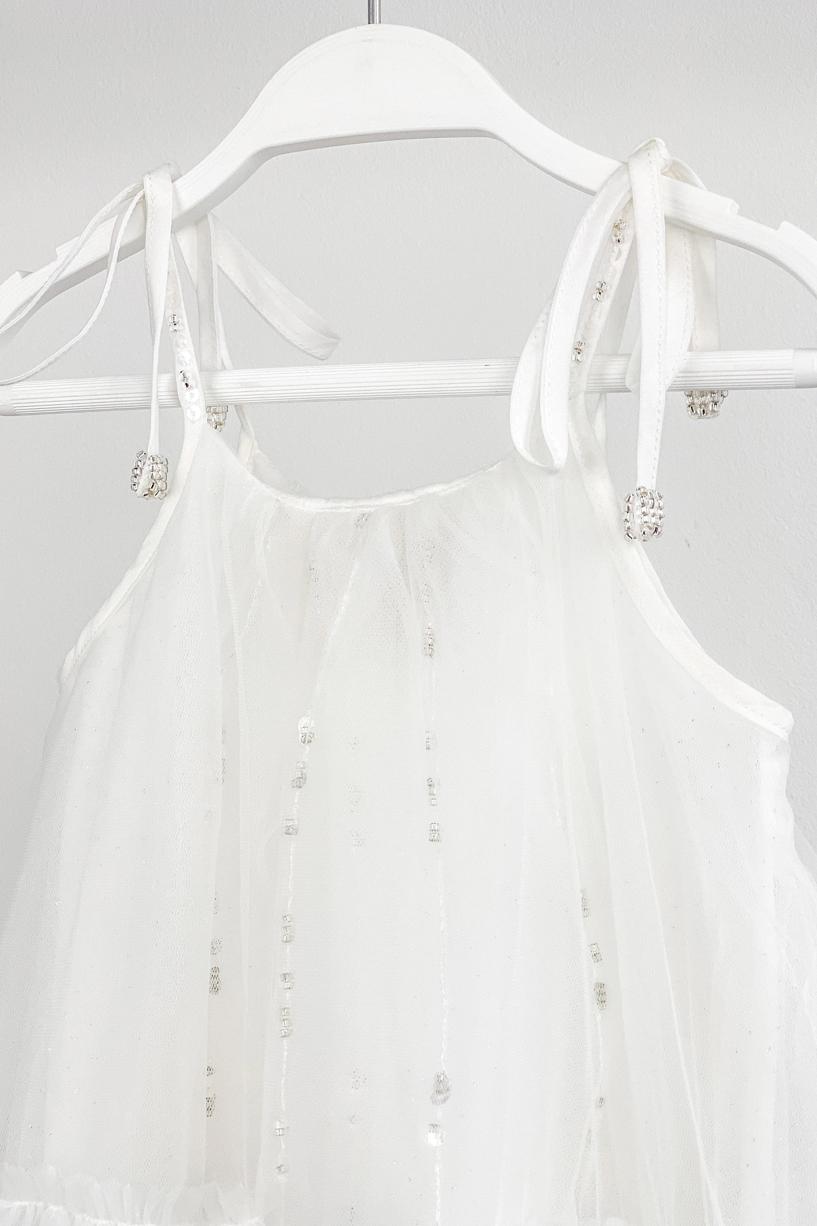 "Cici" White Beaded Tulle Dress
