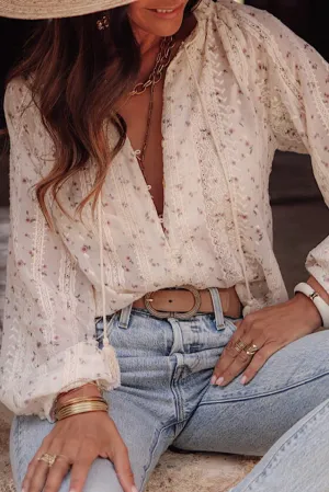 Red Floral Embroidered Lace Bubble Sleeve Shirt