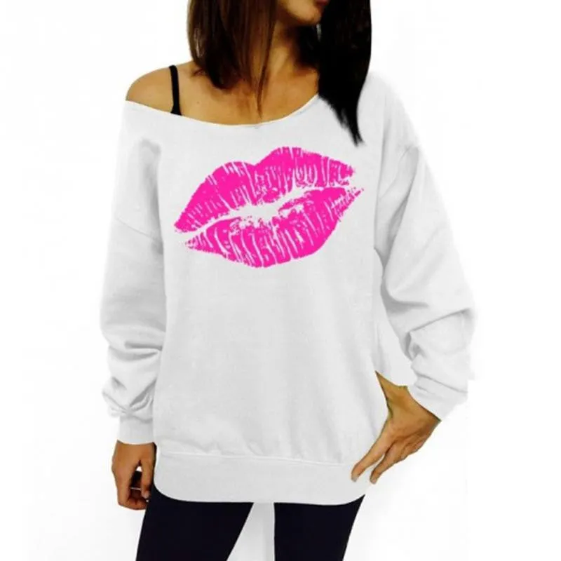 Red White Lips Offset Print Women Tops Long Sleeve Loose Fit Tee Shirts Plus Size Women Clothing Spring Blusas Sweatshirt
