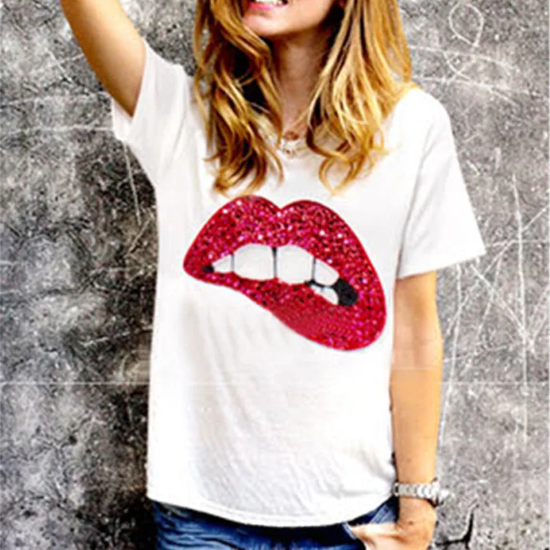 Red White Lips Offset Print Women Tops Long Sleeve Loose Fit Tee Shirts Plus Size Women Clothing Spring Blusas Sweatshirt