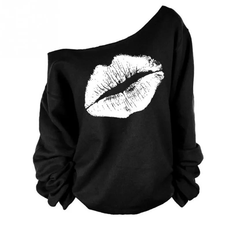 Red White Lips Offset Print Women Tops Long Sleeve Loose Fit Tee Shirts Plus Size Women Clothing Spring Blusas Sweatshirt