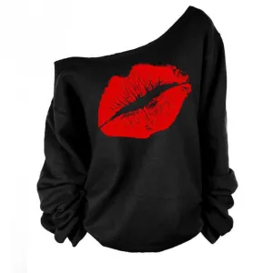 Red White Lips Offset Print Women Tops Long Sleeve Loose Fit Tee Shirts Plus Size Women Clothing Spring Blusas Sweatshirt