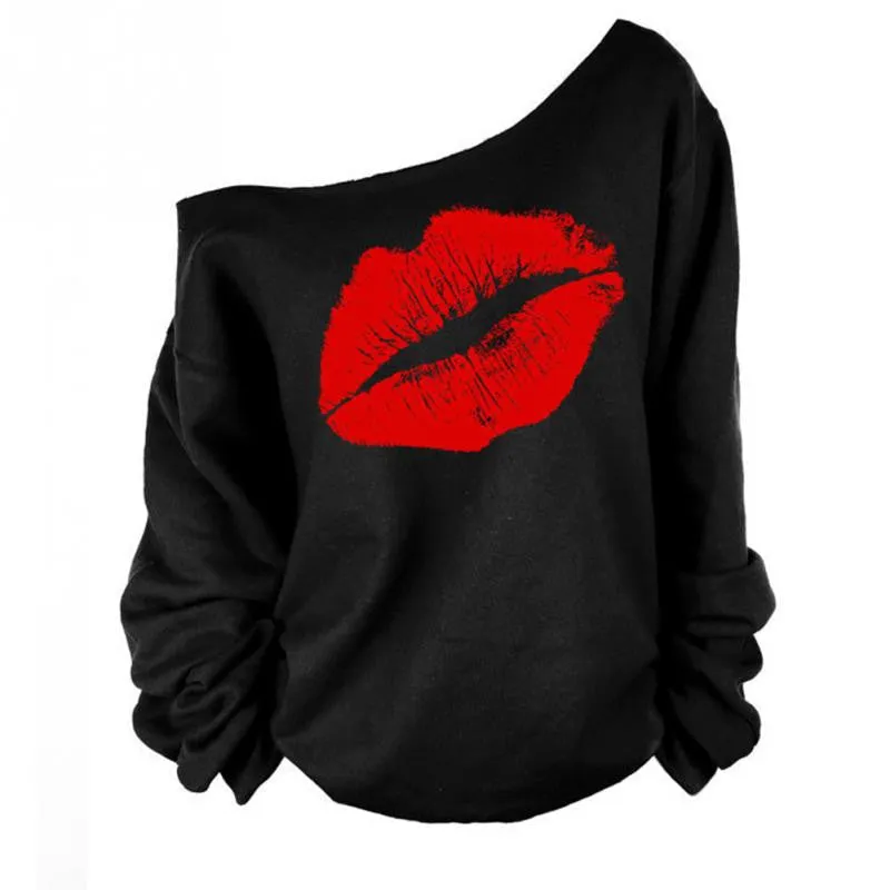 Red White Lips Offset Print Women Tops Long Sleeve Loose Fit Tee Shirts Plus Size Women Clothing Spring Blusas Sweatshirt