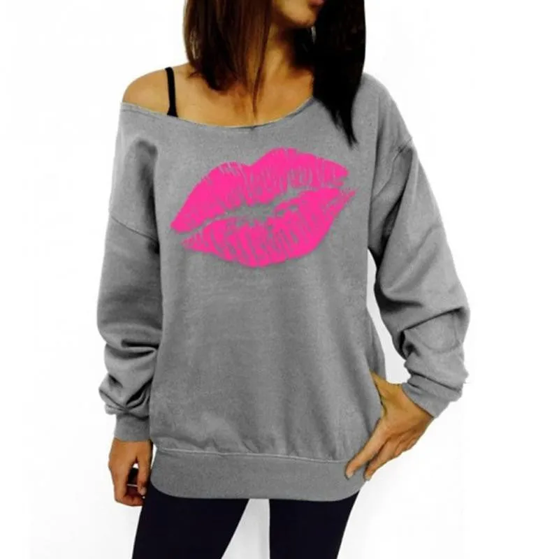 Red White Lips Offset Print Women Tops Long Sleeve Loose Fit Tee Shirts Plus Size Women Clothing Spring Blusas Sweatshirt