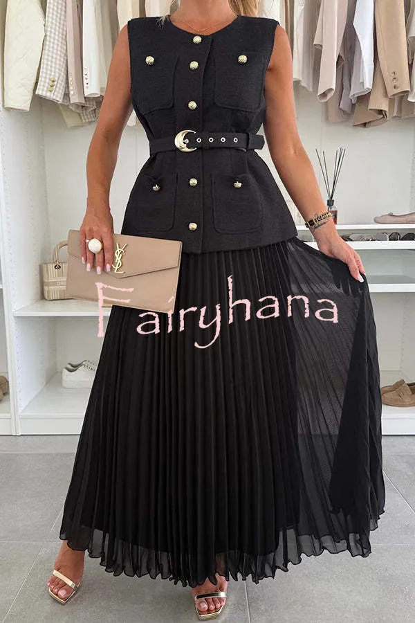 Relaxed and Elegant Pleated Tulle Side Zipper A-line Maxi Skirt