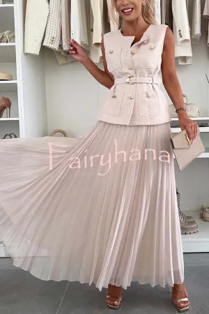 Relaxed and Elegant Pleated Tulle Side Zipper A-line Maxi Skirt