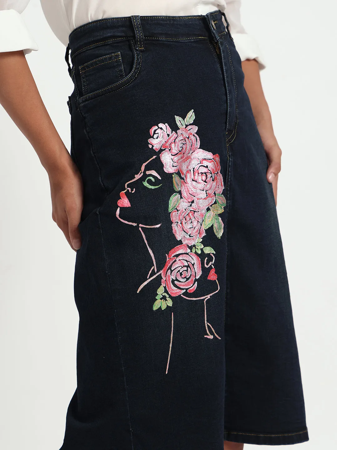 Rise in Bloom Hand-Painted Denim Skirt