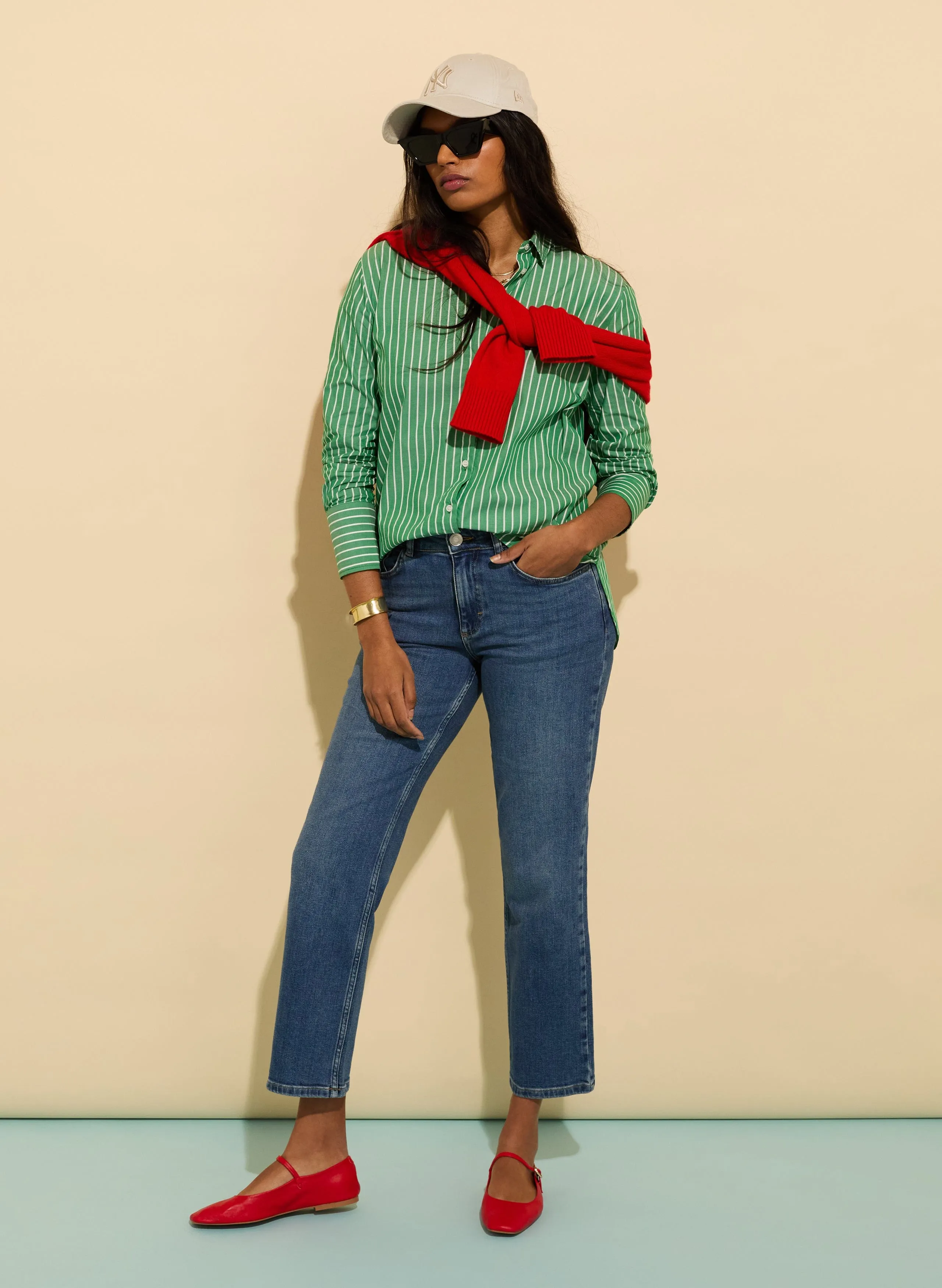 Rishma Organic Cotton Stripe Shirt | Green & White Stripe