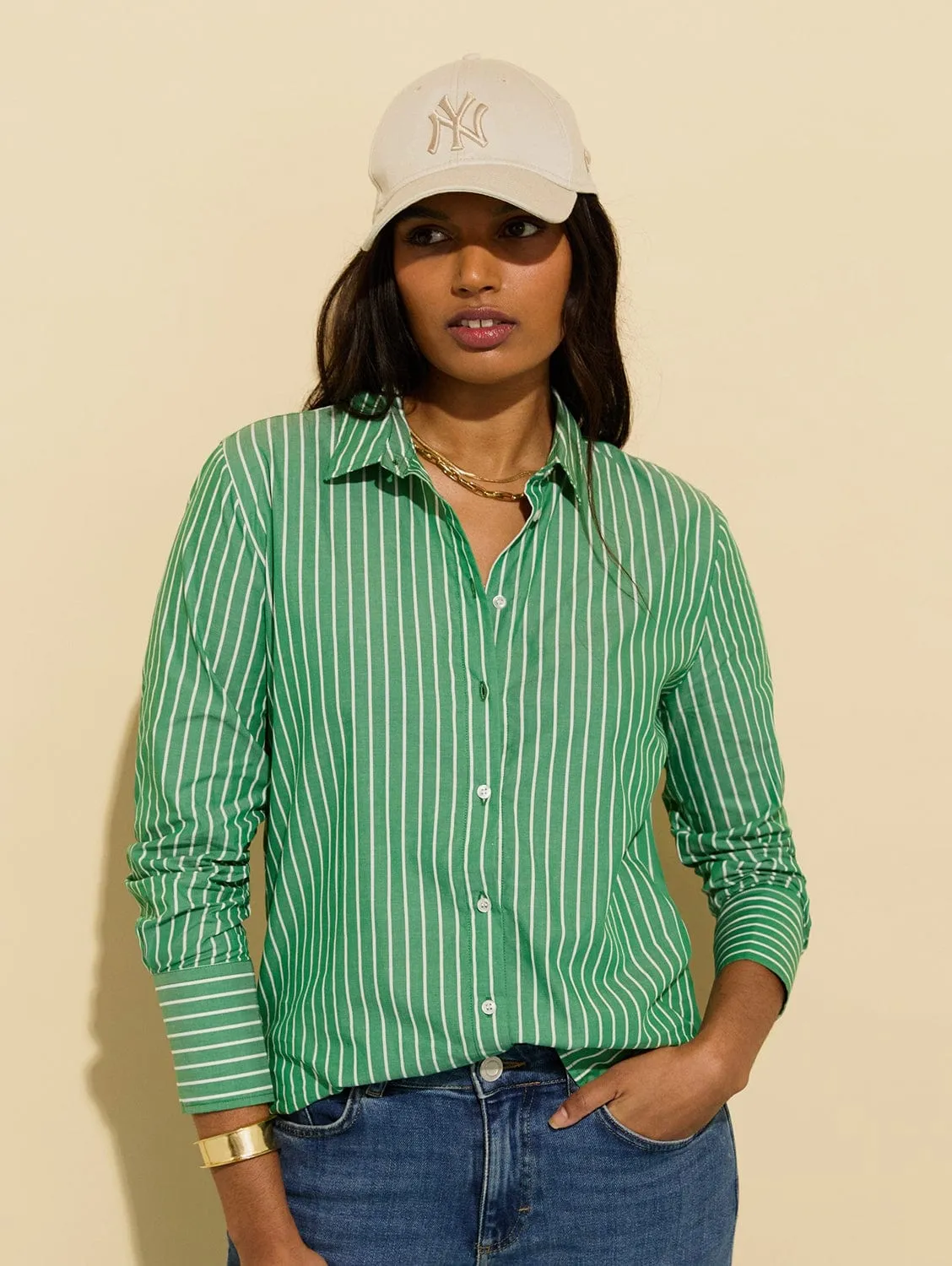 Rishma Organic Cotton Stripe Shirt | Green & White Stripe