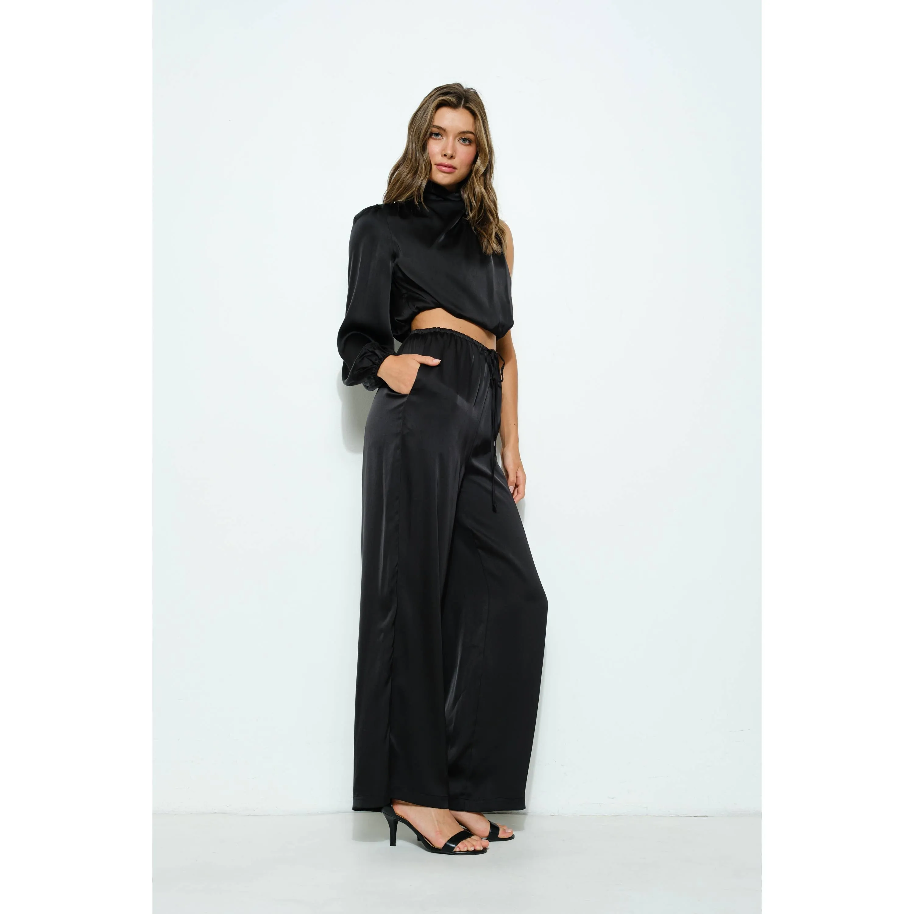 Satin Asymmetrical Sleeve High Neck Crop Top