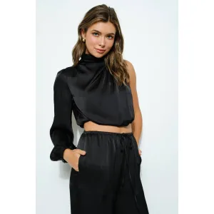 Satin Asymmetrical Sleeve High Neck Crop Top