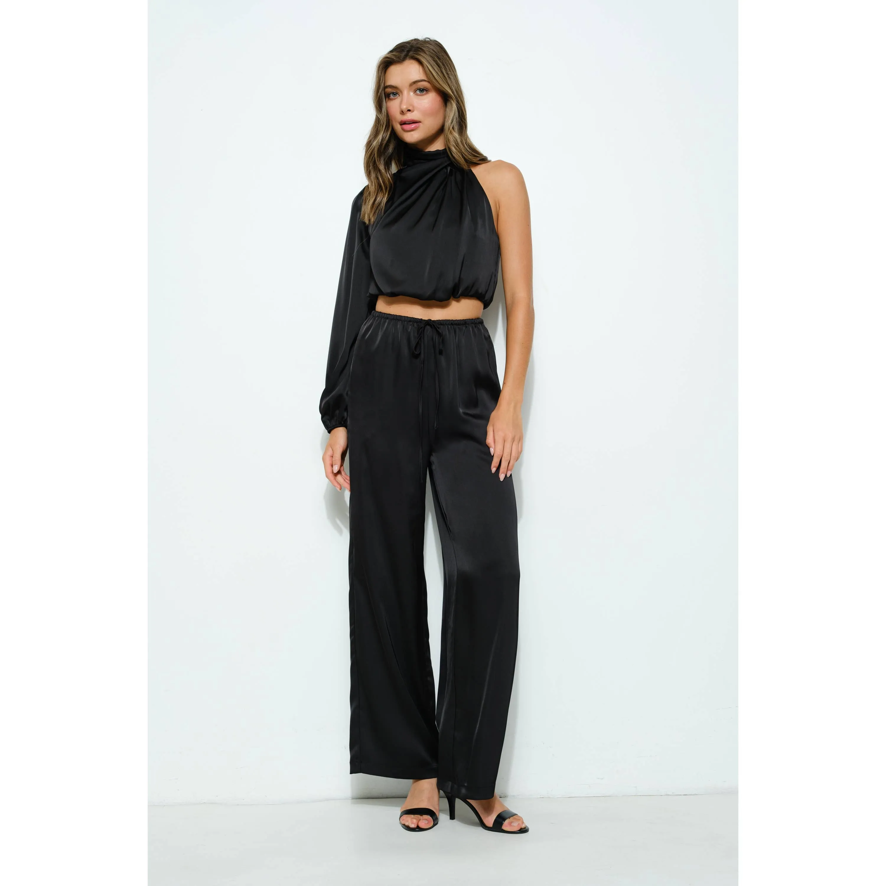Satin Asymmetrical Sleeve High Neck Crop Top