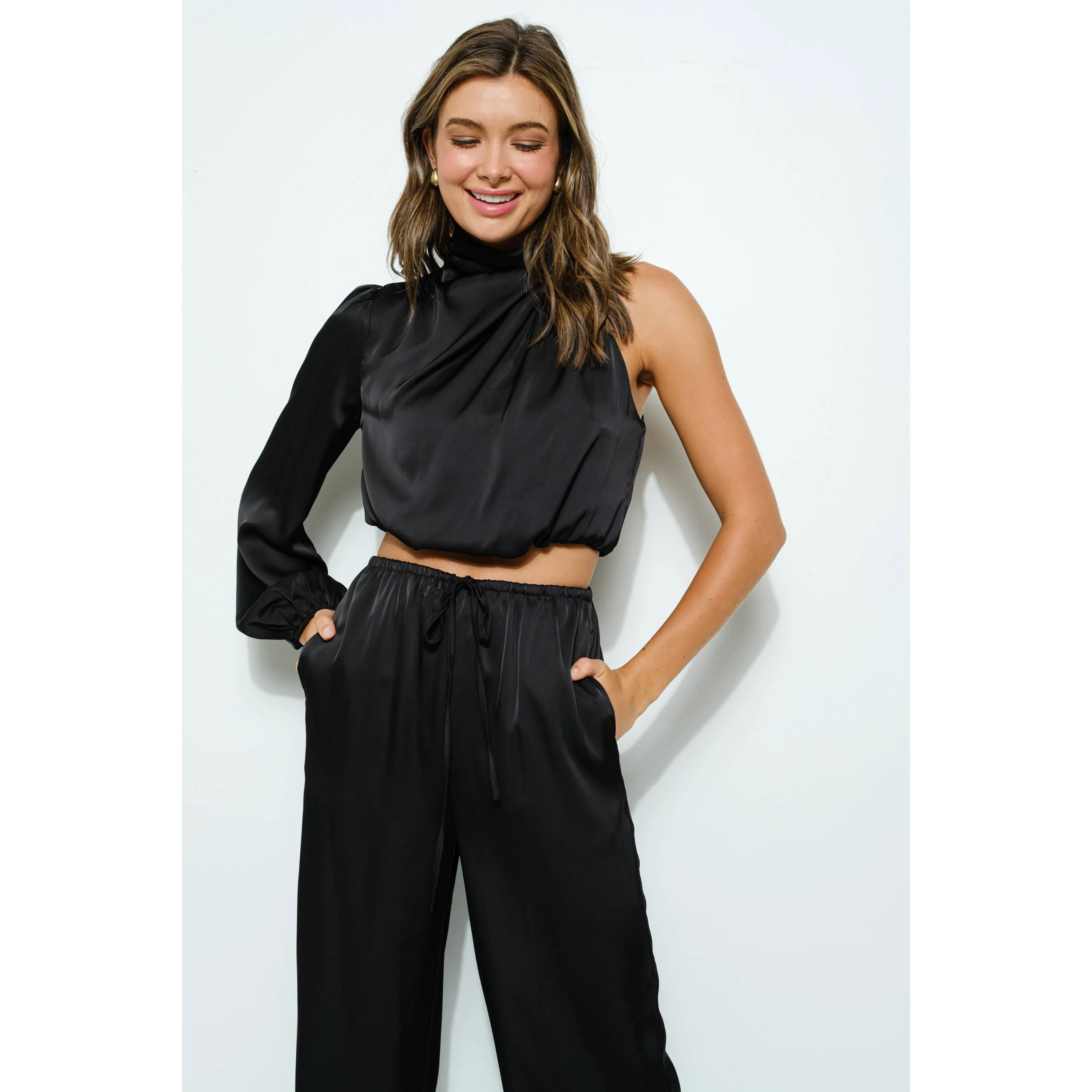 Satin Asymmetrical Sleeve High Neck Crop Top