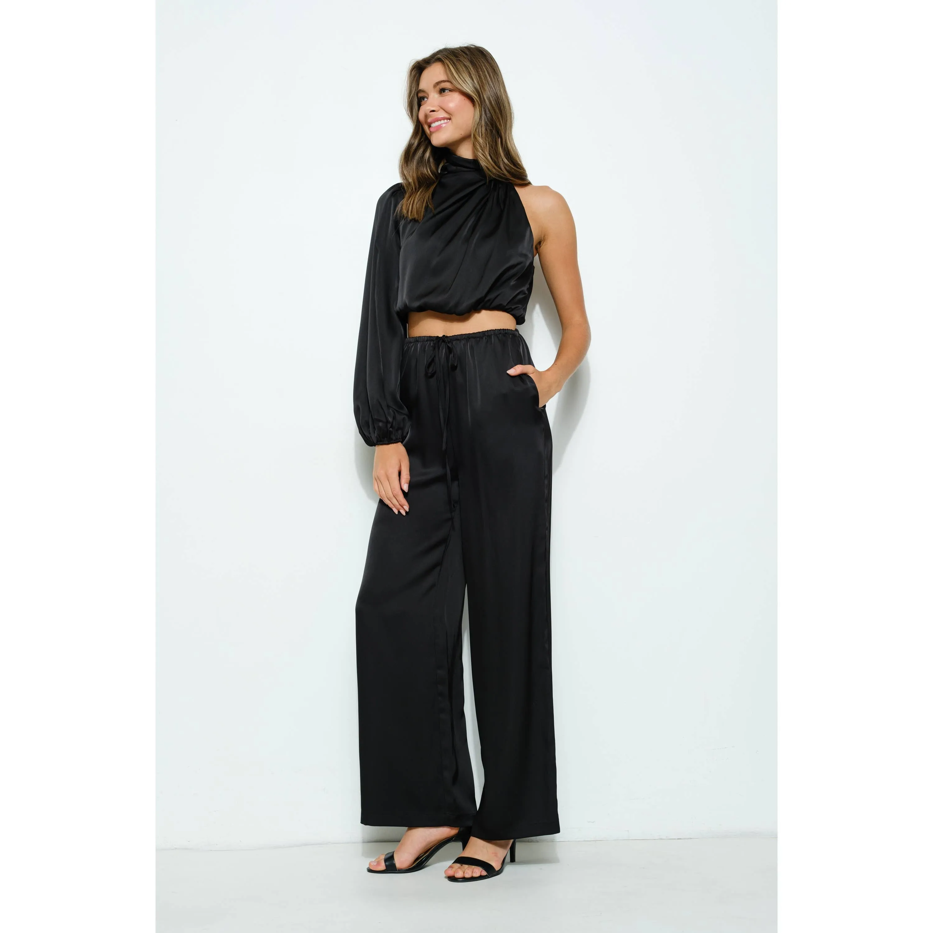 Satin Asymmetrical Sleeve High Neck Crop Top